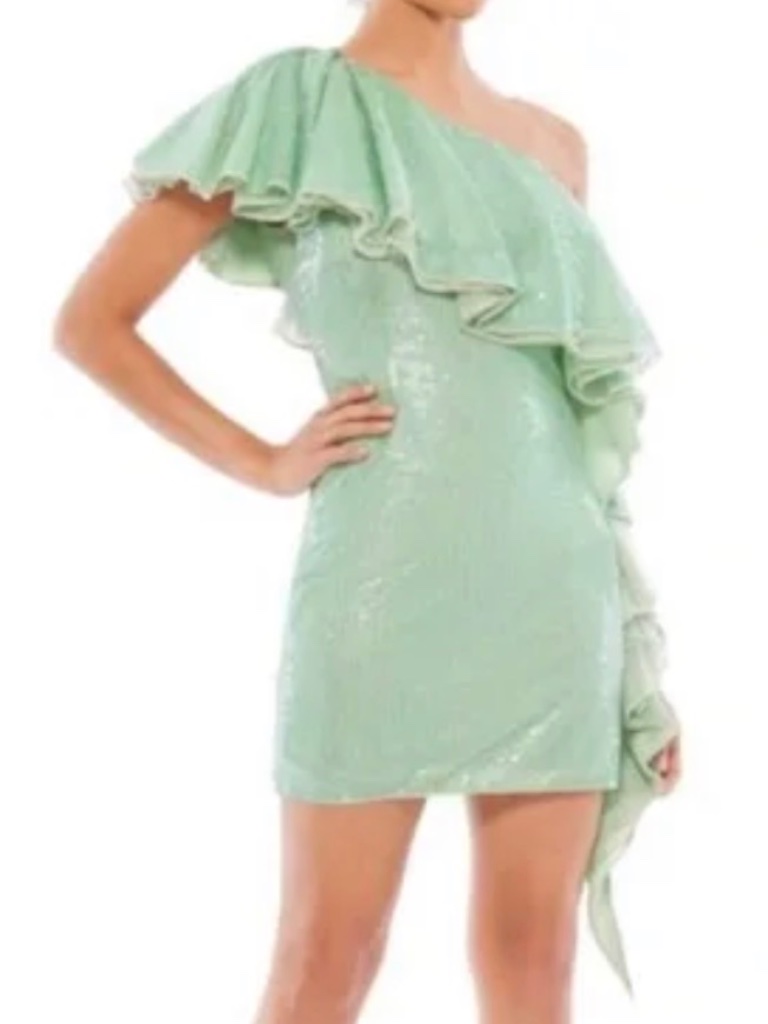 Mac Duggal Women's One Shoulder Sequin Sage Ruffled Cocktail Dress